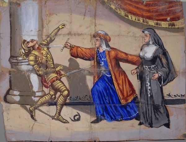 Erminio vestito da sacerdote si fugge Gemma  - Asta Collezioni di cartelloni dell'opera dei pupi siciliani - I - Galleria Pananti Casa d'Aste