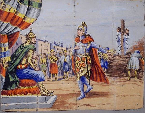 Clorinda si presenta ad Aladino di Gerusalemme  - Asta Collezioni di cartelloni dell'opera dei pupi siciliani - I - Galleria Pananti Casa d'Aste