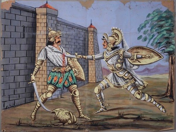 Alessandro uccide il Re Abete  - Asta Collezioni di cartelloni dell'opera dei pupi siciliani - I - Galleria Pananti Casa d'Aste