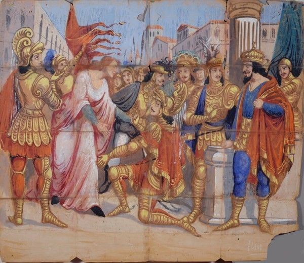 Orlando in ginocchio chiede il perdono alla sposa Alda  - Auction Collezioni di cartelloni dell'opera dei pupi siciliani - I - Galleria Pananti Casa d'Aste