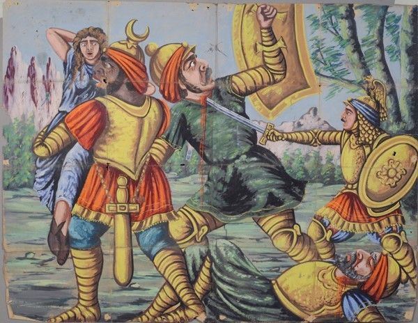 Idramoro salva una dama da tre giganti  - Asta Collezioni di cartelloni dell'opera dei pupi siciliani - I - Galleria Pananti Casa d'Aste