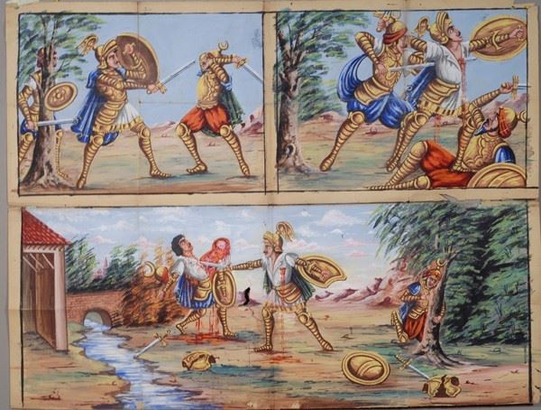 Morte di Idramoro in 4 quadri  - Asta Collezioni di cartelloni dell'opera dei pupi siciliani - I - Galleria Pananti Casa d'Aste