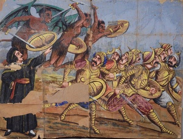 Malagigi coi suoi spiriti perseguita i saraceni  - Asta Collezioni di cartelloni dell'opera dei pupi siciliani - I - Galleria Pananti Casa d'Aste