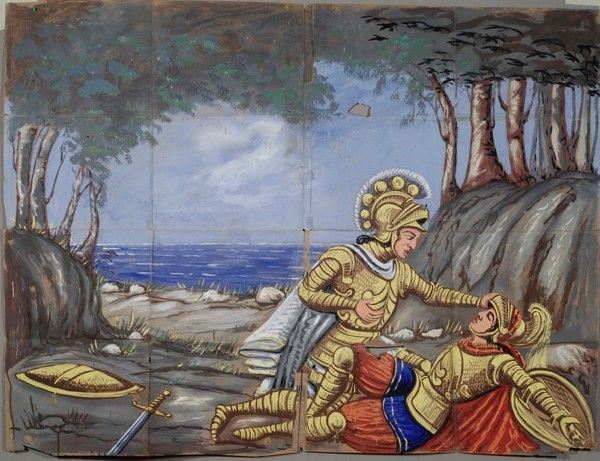 Ruggiero stordisce Galliacella, alza la visiera e se la porta dentro Risa  - Asta Collezioni di cartelloni dell'opera dei pupi siciliani - I - Galleria Pananti Casa d'Aste