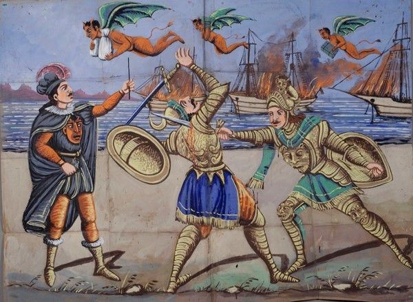 Morte di Caratoro per mano di Rinaldo: Malagigi fa incendiare le navi di Rovenza  - Asta Collezioni di cartelloni dell'opera dei pupi siciliani - I - Galleria Pananti Casa d'Aste