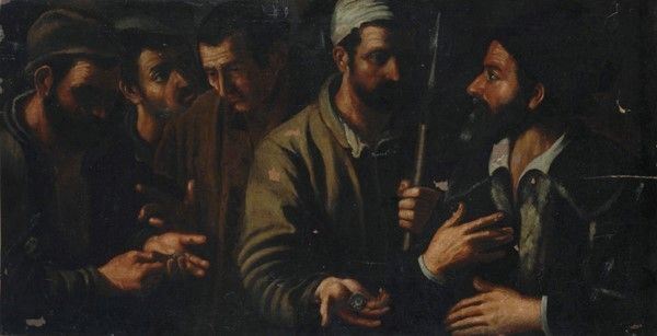 Scuola Italia Centrale, XVII sec. : Pagamento del tributo  - Olio su tela - Asta Dipinti dal XV al XX sec. e oggetti di antiquariato - Galleria Pananti Casa d'Aste