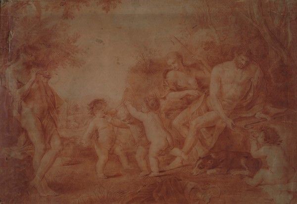 Scuola Francese, XVIII sec. - Scena mitologica con Pan e putti festanti