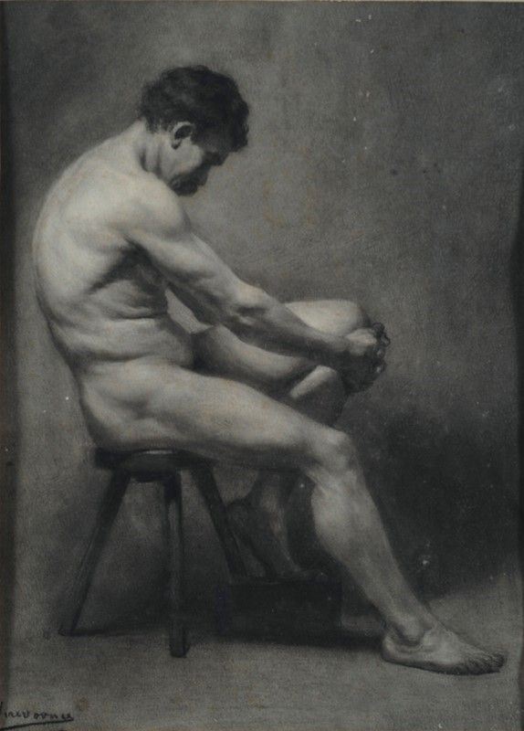 Attr. a Enrico Ludolf Verworner : Studio di nudo maschile  (1885)  - Carboncino su carta - Asta Dipinti dal XV al XX sec. e oggetti di antiquariato - Galleria Pananti Casa d'Aste