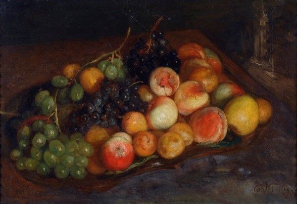 Romeo Costetti : Natura morta con frutta  (1901)  - Olio su compensato - Auction Dipinti dal XV al XX sec. e oggetti di antiquariato - Galleria Pananti Casa d'Aste