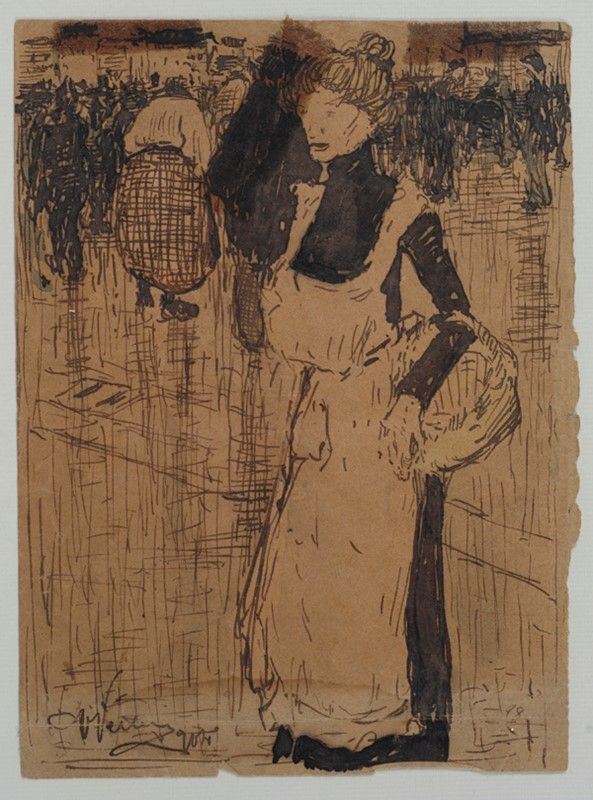 Anonimo, XX sec. : Donna con cesta  (1902)  - Inchiostro su carta - Asta Dipinti dal XV al XX sec. e oggetti di antiquariato - Galleria Pananti Casa d'Aste