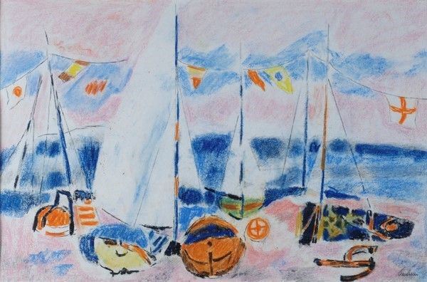 Enrico Paulucci : Vele sulla spiaggia  (1970)  - Pastelli su carta - Asta Arte moderna e contemporanea, Grafica ed edizioni - Galleria Pananti Casa d'Aste