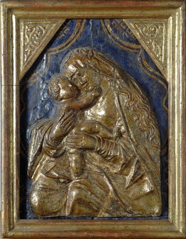 Bottega di Adriaen van Wesel (Utrecht 1417 ca. - 1490) : Madonna col Bambino  - Stucco intagliato e dorato - Asta Dipinti dal XV al XX sec. e oggetti di antiquariato - Galleria Pananti Casa d'Aste
