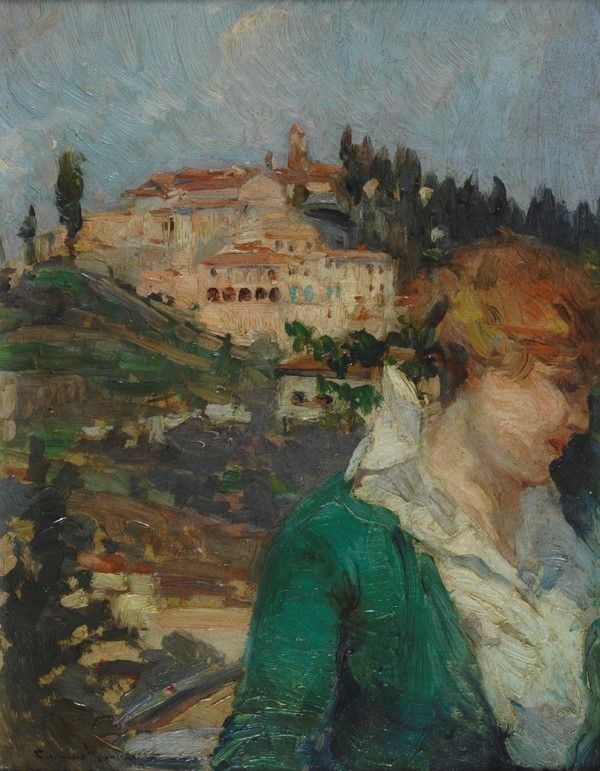 Cipriano Mannucci - Ritratto di Signora con Paese sullo Sfondo