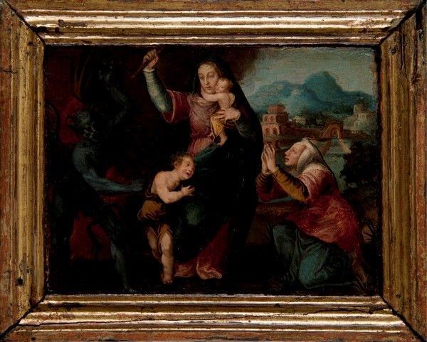 Scuola Fiorentina, XVI Sec. - Madonna con Bambino, San Giovannino, una Santa ed il Diavolo