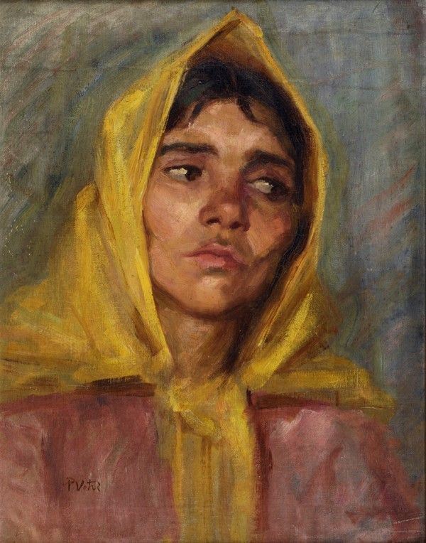 Paolo Vetri : Testa di popolana  - Olio su tela riportata su cartone - Asta Dipinti dal XV al XX sec. e oggetti di antiquariato - Galleria Pananti Casa d'Aste