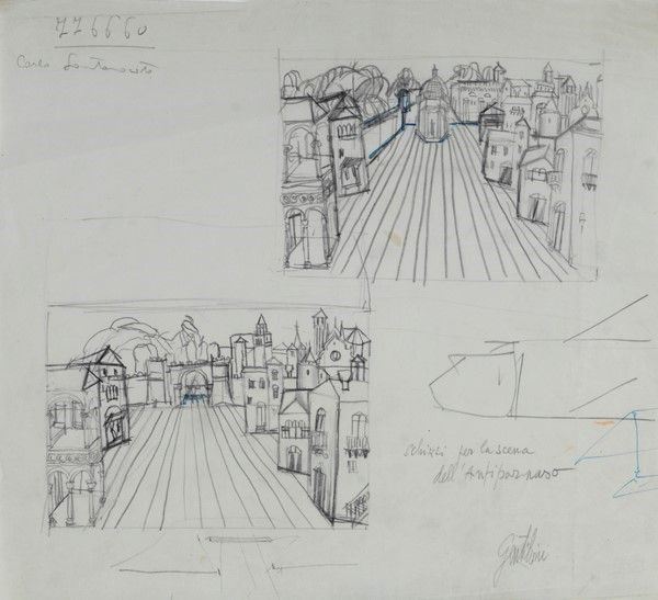 Franco Gentilini : Schizzi per la scena dell'antiparnaso  - Matita su carta - Auction Arte moderna e contemporanea, Grafica ed edizioni - Galleria Pananti Casa d'Aste