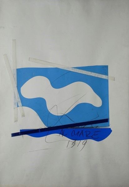 Mario Schifano : Al mare 1919  (1965)  - Grafite e collage su cartoncino - Auction Arte moderna e contemporanea - Galleria Pananti Casa d'Aste
