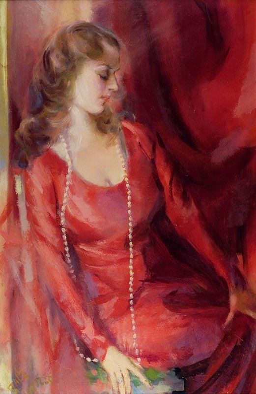 Giacomo Balla : Donna in rosso  ((1937))  - Olio su tavola - Auction Arte moderna e contemporanea, Grafica ed edizioni - Galleria Pananti Casa d'Aste