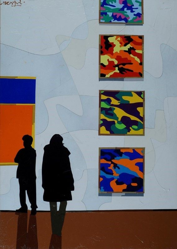 Ugo Nespolo : Exibithion up  - Acrilico su tavola - Auction Arte moderna e contemporanea, Grafica ed edizioni - Galleria Pananti Casa d'Aste
