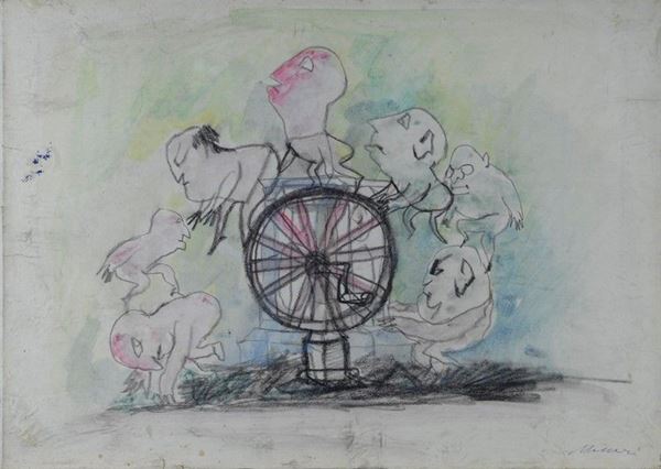 Mino Maccari : La ruota  - Tecnica mista su carta riportata su tela - Auction Autori dell'800-900, Grafica ed Edizioni - I - Galleria Pananti Casa d'Aste
