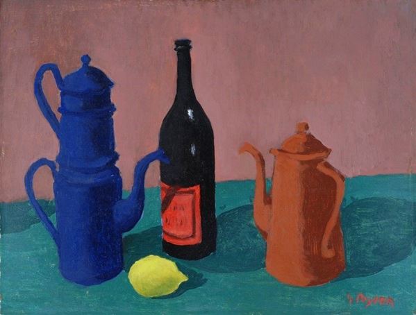 Guido Peyron - Composizione con bicchieri, bottiglia e limone