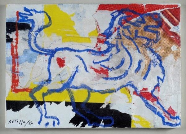 Mimmo Rotella : Il leone  (1987)  - Decollage e pastello su carta riportata su tela - Asta Autori dell'800-900, Grafica ed Edizioni - I - Galleria Pananti Casa d'Aste