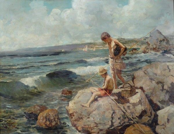 Carmine Ciardiello : Pescatorelli  - Olio su compensato - Auction Autori dell'800-900, Grafica ed Edizioni - I - Galleria Pananti Casa d'Aste