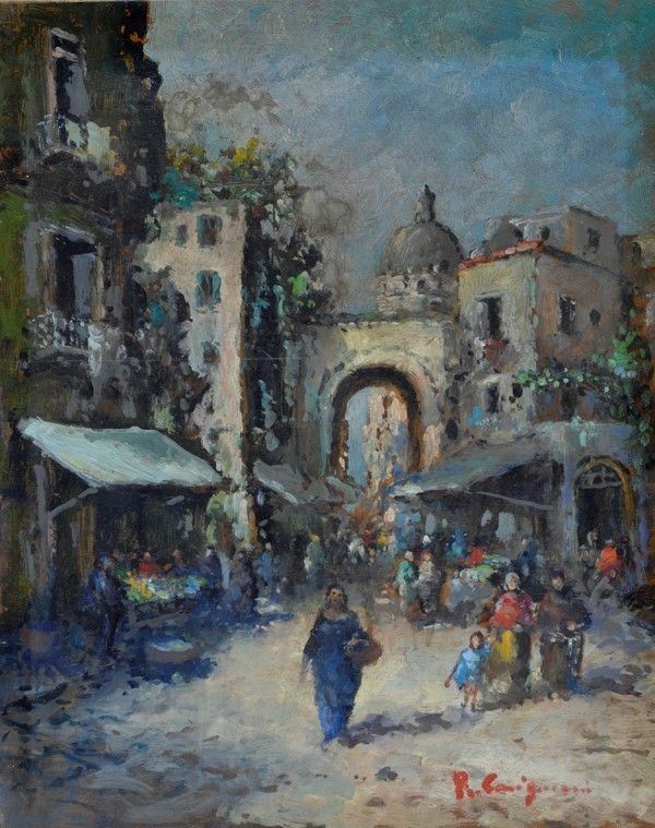 Roberto Carignani : Vita a  Napoli  - Olio su tavola - Auction Autori del XIX e XX sec., arte moderna e contemporanea - I - Galleria Pananti Casa d'Aste
