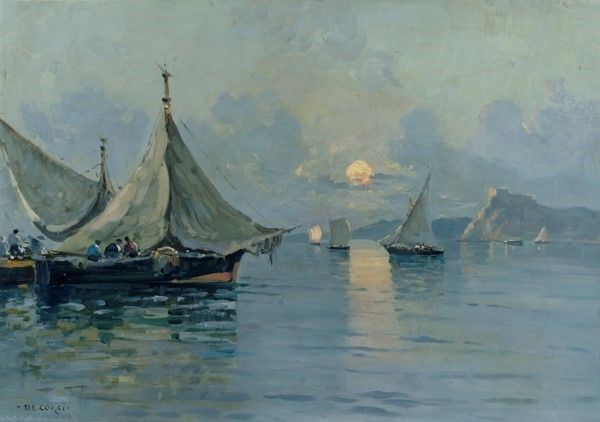 Nicolas De Corsi : Barche al tramonto  - Olio su tavola - Asta Autori dell'800-900, Grafica ed Edizioni - I - Galleria Pananti Casa d'Aste