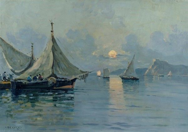 Nicolas De Corsi : Barche al tramonto  - Olio su tavola - Auction Autori dell'800-900, Grafica ed Edizioni - I - Galleria Pananti Casa d'Aste