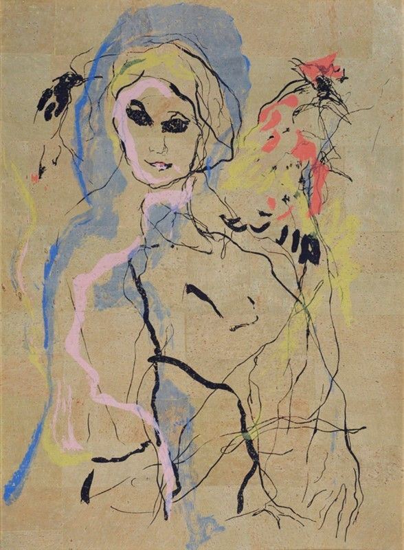 Ernesto Treccani : Ragazza con gallo  (1982)  - Litografia su sughero - Auction Autori dell'800-900, Grafica ed Edizioni - I - Galleria Pananti Casa d'Aste