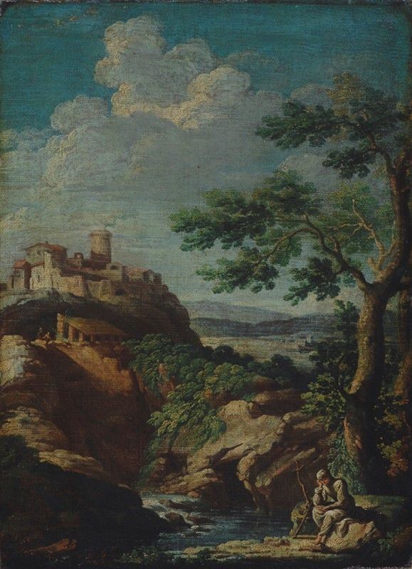 Scuola Veneta, XVIII sec. - Figura in meditazione nel paesaggio