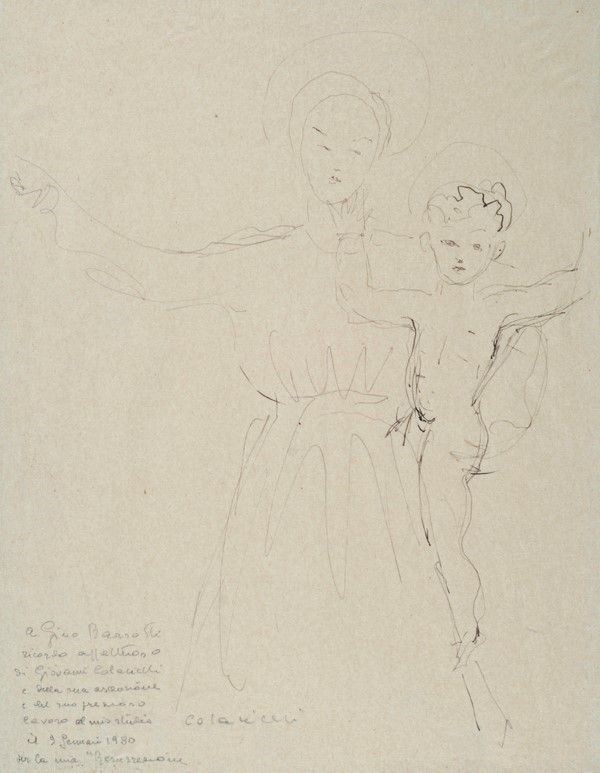 Giovanni Colacicchi : Madonna col Bambino  (1980)  - Inchiostro su carta - Asta Autori dell'800-900, Grafica ed Edizioni - I - Galleria Pananti Casa d'Aste