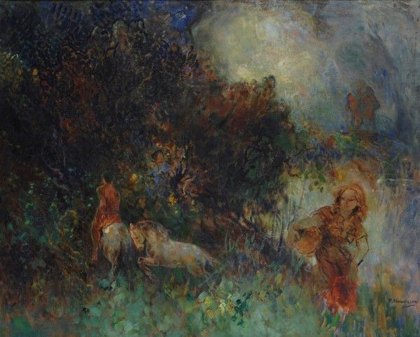 Plinio Nomellini - Paesaggio con figura di donna e cavaliere