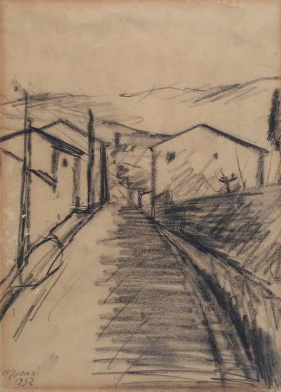 Ottone Rosai : Strada con case  (1932)  - Carboncino su carta - Asta Autori dell'800-900, Grafica ed Edizioni - I - Galleria Pananti Casa d'Aste