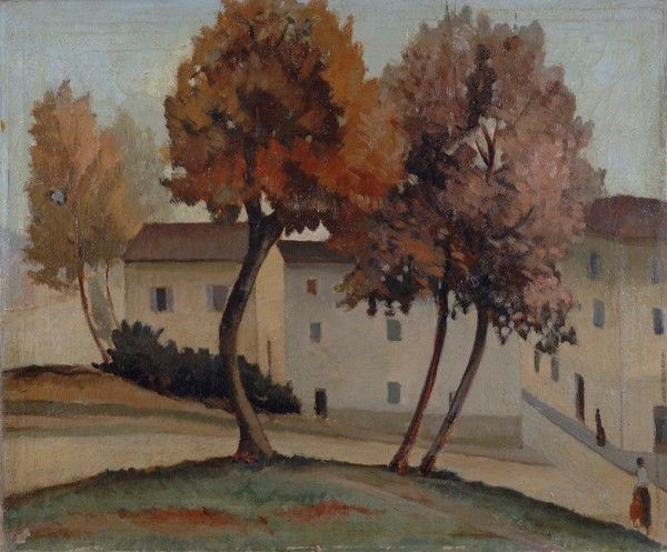 Guido Ferroni : Case con alberi  (anni '20)  - Olio su tela - Auction Autori dell'800-900, Grafica ed Edizioni - I - Galleria Pananti Casa d'Aste