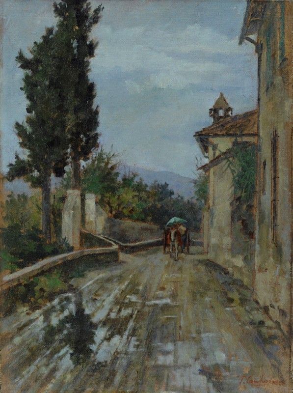 Giuseppe Comparini : Strada con carro  - Olio su tela riportata su cartone - Auction Autori del XIX e XX sec., arte moderna e contemporanea - I - Galleria Pananti Casa d'Aste