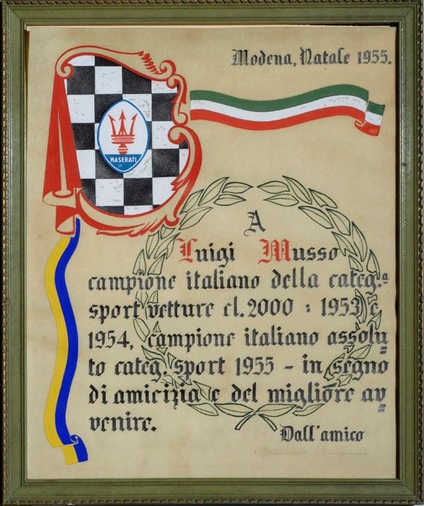 Riconoscimento per meriti, con dedica di Guerino Bertocchi (Maserati)  - Asta Classic cars and automobilia - Galleria Pananti Casa d'Aste