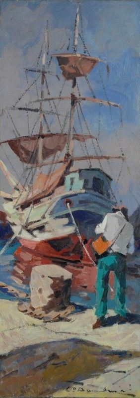 Carlo Domenici : Figura e barcone  - Olio su faesite - Auction Autori dell'800-900, Arte moderna e contemporanea - I - Galleria Pananti Casa d'Aste