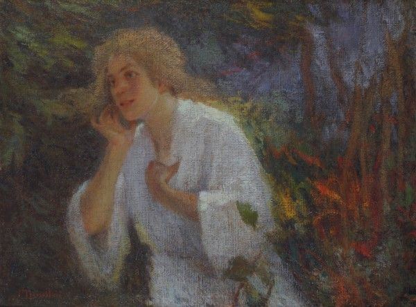 Plinio Nomellini : Figura femminile in giardino  (1896-1898)  - Olio su cartone - Asta Arte moderna e contemporanea - Galleria Pananti Casa d'Aste