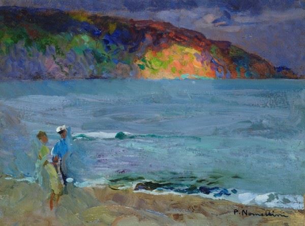 Plinio Nomellini : Spiaggia all'Isola d'Elba  ((1927))  - Olio su cartone - Asta Arte moderna e contemporanea - Galleria Pananti Casa d'Aste