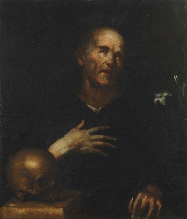 Scuola Genovese, XVII sec. : Santo in preghiera  - Olio su tela - Auction Antiquariato, mobili, porcellane e dipinti antichi - I - Galleria Pananti Casa d'Aste