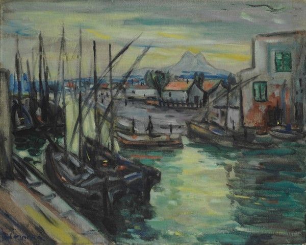 Antonio Corpora : Barche al molo  (1936)  - Olio su tela - Asta Arte moderna e contemporanea - Galleria Pananti Casa d'Aste