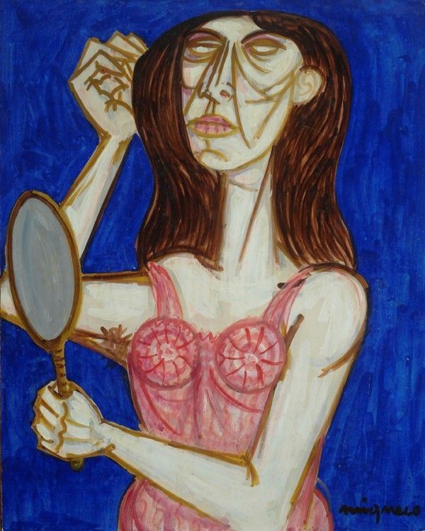 Giuseppe Migneco : Donna allo specchio  (anni '70)  - Tempera su carta riportata su faesite - Asta Arte moderna e contemporanea - Galleria Pananti Casa d'Aste