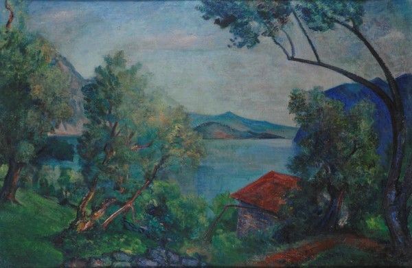 Aligi Sassu : Lago d'Iseo: tramonto  (1947)  - Olio su tela - Asta Arte moderna e contemporanea - Galleria Pananti Casa d'Aste
