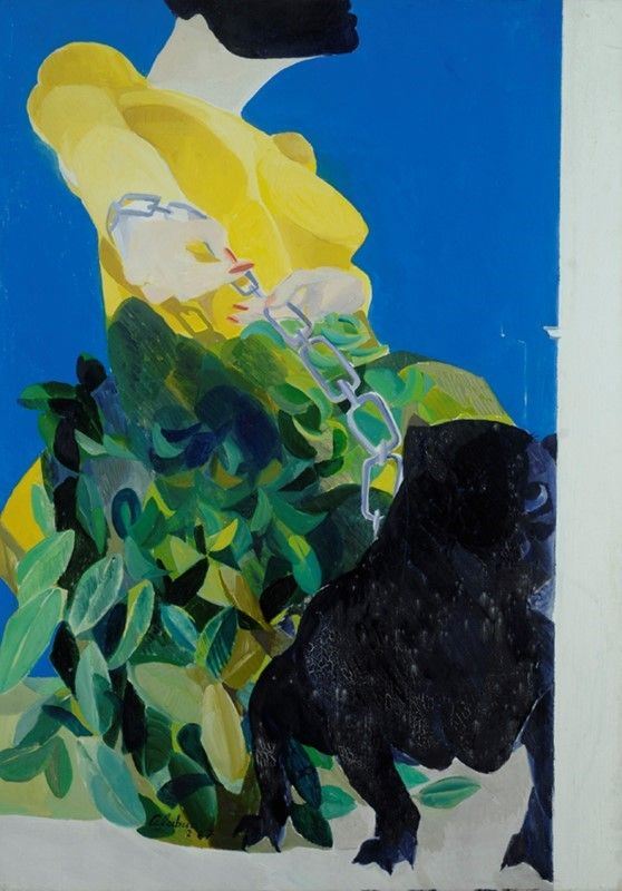 Ennio Calabria : Donna in giallo con mastino nero  (1967)  - Olio su tela - Asta Arte moderna e contemporanea - Galleria Pananti Casa d'Aste