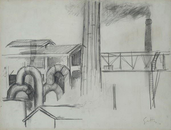 Renato Guttuso : Fabbrica  (1951-1952)  - Matita su carta riportata su tela - Asta Arte moderna e contemporanea - Galleria Pananti Casa d'Aste