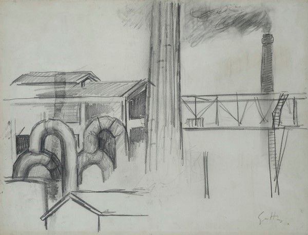 Renato Guttuso : Fabbrica  (1951-1952)  - Matita su carta riportata su tela - Auction Autori dell'800-900, Arte moderna e contemporanea - I - Galleria Pananti Casa d'Aste