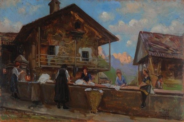 Antonio Zoppi : Lavandaie a Rocca Pietore  (1925)  - Olio su compensato - Auction Autori del XIX e XX sec., arte moderna e contemporanea - I - Galleria Pananti Casa d'Aste