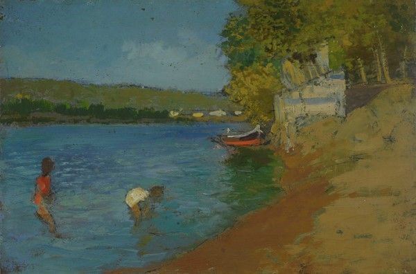 Carlo Passigli - Ragazze al Fiume (fronte); Paesaggio Fluviale (retro)